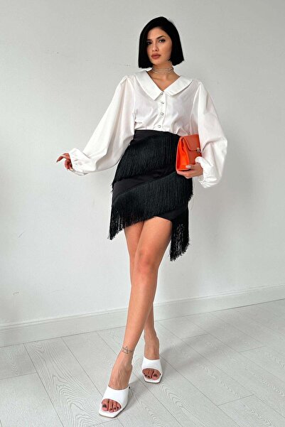 Clothes Fast Women's Black Satin Skirt with Tassel Detail, Asymmetrical Cut M...
