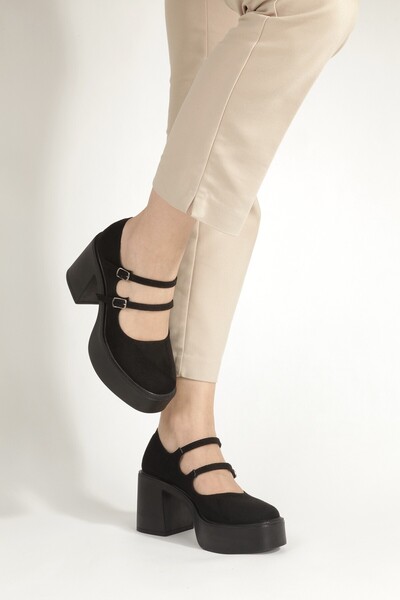 Modabuymus Double Strap Black Suede Mary Jane High Thick Platform Heeled Shoe...