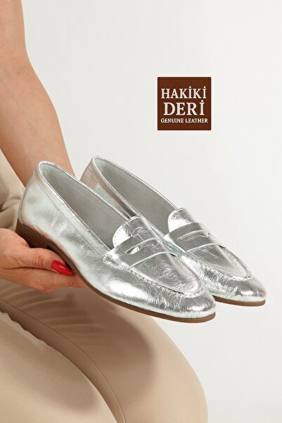 Modabuymus Ασημί Lame Color Loafer Παπούτσια Μπαλαρίνας από Γνήσιο Δέρμα Raga
