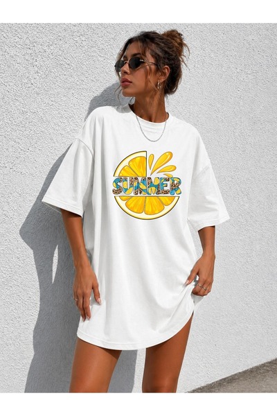classy moda تي شيرت نسائي طويل جدًا بنقشة الليمون والفهد وطباعة "Summer" بمقا...