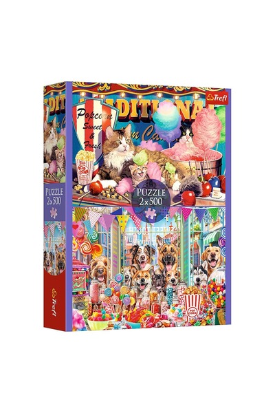 Trefl Puzzle 2x500 piese Pisică și Câine: Magazin de Dulciuri - Scenă colorat...