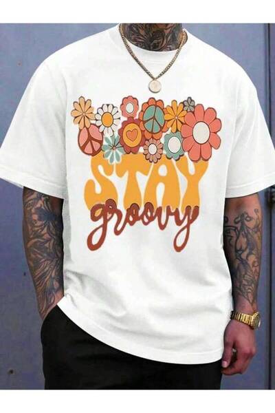 LİNA06 Stay Groovy Flower Power Peace Sign T-Shirt For Women Men Unisex Casua...