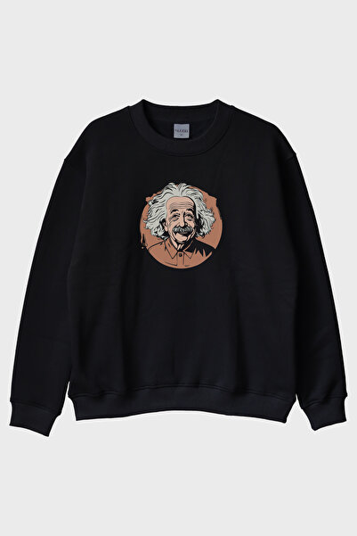 lofux Albert Einstein Portrait Printed Design Black Crew Neck Sweatshirt