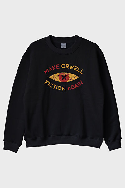 lofux Dystopian Inspired'Make Orwell Fiction Again' Minimalist Black Crewneck...