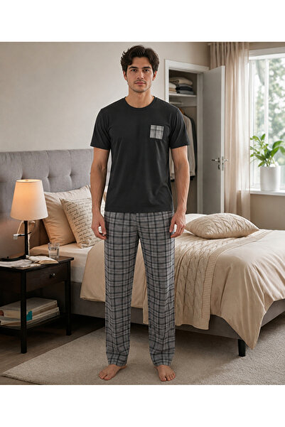 Pijamask Set de pijamale din bumbac pentru bărbați, negru, cu mâneci scurte, ...