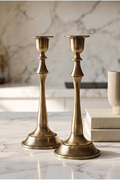RASHA COLLECTION 2'li Eskitme Gold Metal Şamdan Seti