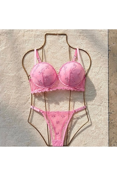 Pembe Çiçek İşlemeli Destekli Sütyen Külot Takımı