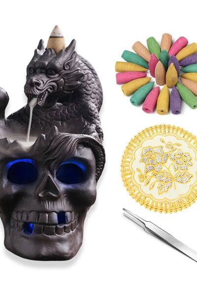 OEM LED Ceramic Dragon Incense Burner with Skulls – Backflow Holder