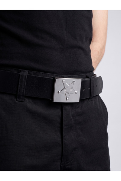 Unisex Özel Güvenlik Kemeri - Yıldızlı Metal Tokalı Siyah Güvenlik Personel Kemeri (Suni Deri)