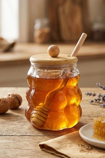 ALBETTO Borosilicate Glass Honey Jar, Bamboo Lid 350ml
