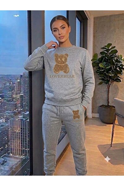 WOODROFFE Unisex Lover Bear Printed Crew Neck Tracksuit Set Oversize