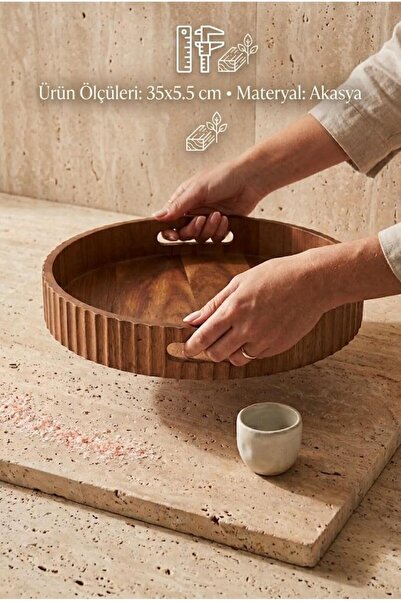 Atbyhome Akasya Ahşap Yuvarlak Kulplu Tepsi 35x5.5 cm - Dikey Oluklu Kahve Ve Çay Servis Tepsisi