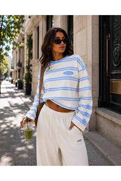 LOVES AGAZA Women's Pink Striped Oversize T-Shirt Long Sleeve Crew Neck Basic...