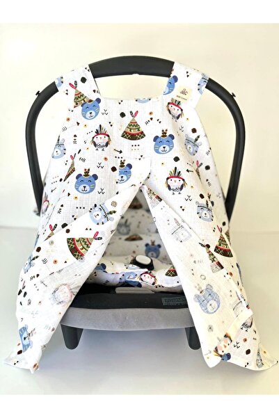 Puro Cotone 100% Cotton Muslin Stroller Cover and Cushion with Blue Teddy Bea...