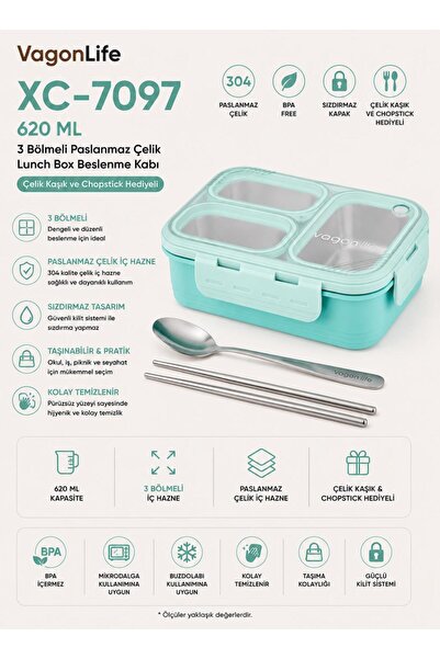 Vagonlife XC-7097 620 ml Yeşil 3 Bölmeli Paslanmaz Çelik Lunch Box Beslenme K...