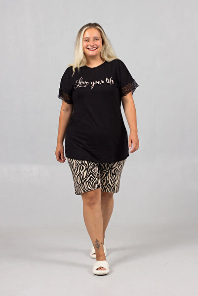 Truva XXL Plus Size Zebra Shorts Lace Pajama Set Black