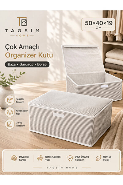 Tagsim Home Kapaklı Organizer Kutu 50x40x19 cm Katlanabilir Hurç Baza Altı Do...