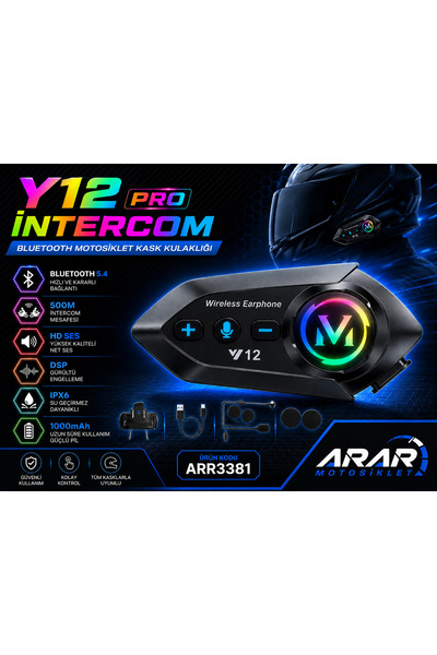 Arar Y12 PRO İNTERCOM BLUETOOTH MOTOSİKLET KASK KULAKLIĞI-ARR3381