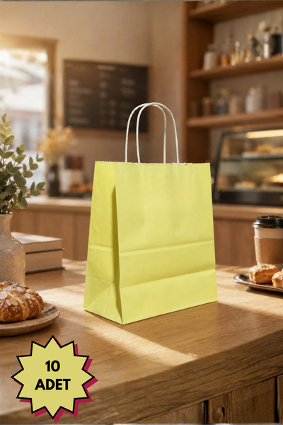 Sarı Renkli 10 Adet 20x22 Cm Kraft Çanta Hediye Poşeti , Hediye Paketi , Kraft Kağıt Çanta
