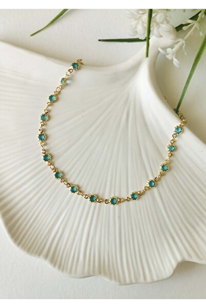 Halley Concept Blue Flower Stone Detailed Gold Steel Anklet 23+5 cm