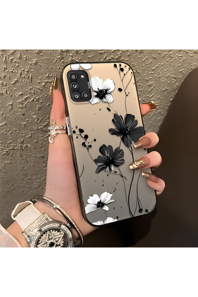 PATTERNOVA Samsung Galaxy A31 Uyumlu Siyah-beyaz sulu boya çiçek baskılı yüks...