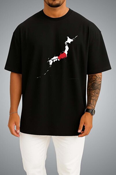 Bahriyeli Collection Oversize Japan Flag and Map Chest Printed Unisex T-Shirt