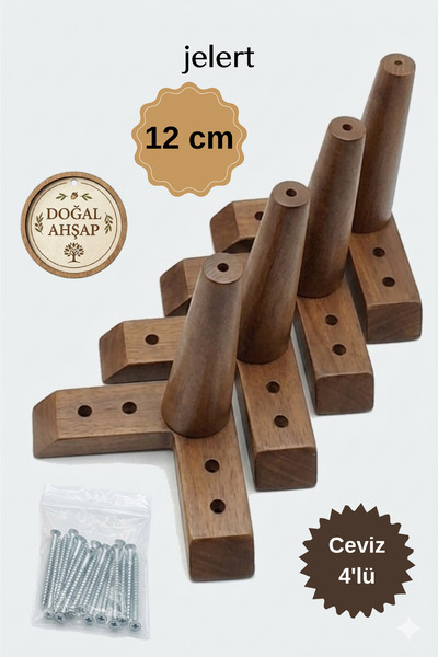 Jelert Masif Gürgen Ahşap 12 cm Koyu Ceviz-4'lü, Mobilya Yükseltme Ayağı, Rob...