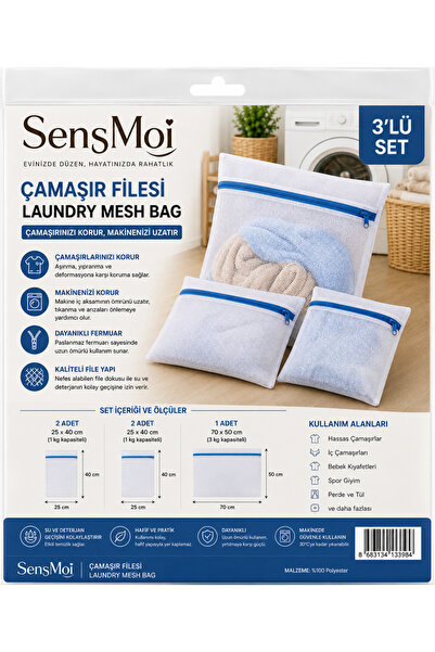 Sens Moi SensMoi Çamaşır Filesi 3'lü Set Fermuarlı Hassas Çamaşır Yıkama Koru...