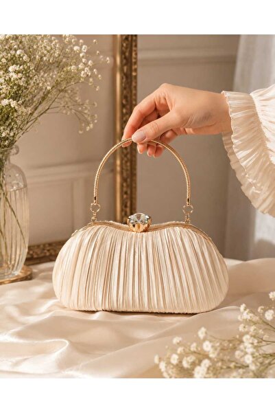 Z1 Home Pliseli Saten Clutch Abiye Çanta Çiçek Klipsli Bej Özel Gün , Davet v...