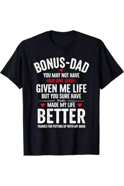 LİNA06 Funny Stepdad "Bonus Dad" Slogan Heart Printed T-Shirt 220g, , Round N...
