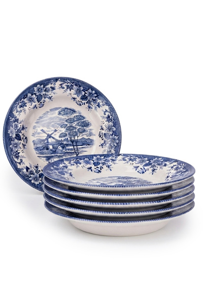 Claytan Earthenware Classic Blue Windmill Floral Pattern Soup Pasta Plate, 9....
