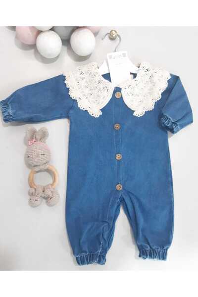 Sönmez Baby ÖRME DANTEL YAKALI JEANS KOT TULUM DÜĞMELİ KIZ BEBE TAKIM