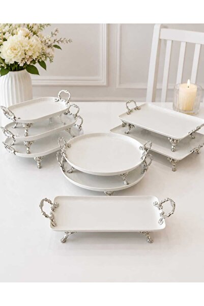 Buldem 8-Piece Porcelain Presentation Set with Silver Handles and Feet, Servi...