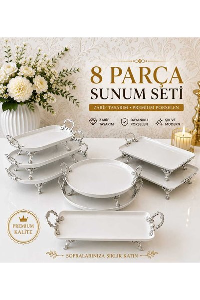 Buldem 8-Piece Porcelain Presentation Set with Silver Handles and Feet, Service and Serving Tray Set, White