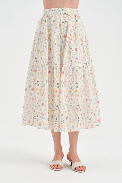 tw3 Fusta lungă de damă cu imprimeu floral și broderie, cu talie elastică