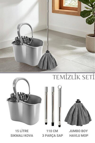 12den Sıkma Başlıklı Temizlik Kovası Seti, 15 Lt Kova + Mega Mikrofiber Havlu...