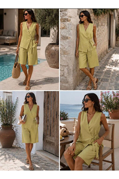 COLORDS Women's Double-Breasted Belted Detailed Linen Suit