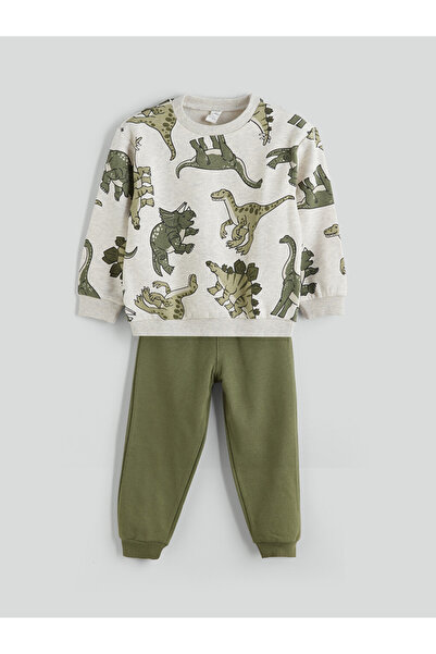 LC Waikiki Crew Neck Dinosaur Printed Boys Sweatshirt and Sweatpants 2 Pack Set