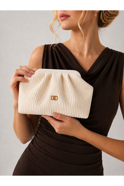 mossi Cream Knitted Straw-Looking Faux Leather Clutch Daily and Evening Dress...