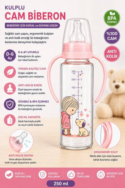 Genel Markalar 250 ml Kulplu Cam Biberon BPA İçermez Anti Kolik Yenidoğan Beb...