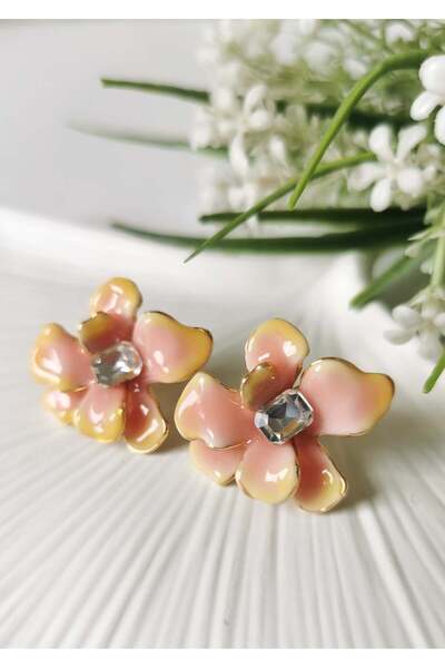 Halley Concept Peach Enamel Detailed Flower Model Steel Earrings 3X3 cm