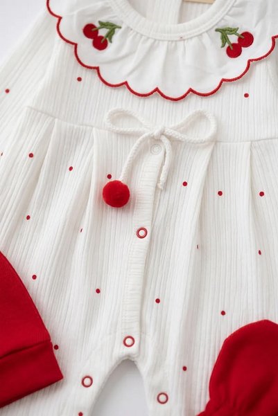 METEOR BABY Baby Girl Romper Set - Baby Set - 3-Piece Set with Cherry Embroidery, Ruffled Collar, Beanie, and Booties