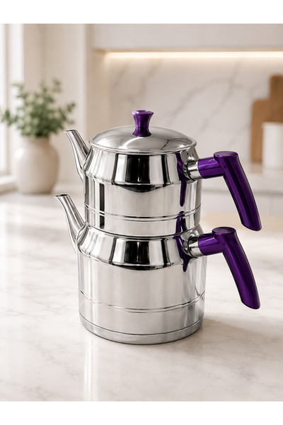 Rivorn Özsafir Mega Aşiret Size Steel Teapot Set - Bottom: 4 Lt Top: 2 Lt Vol...