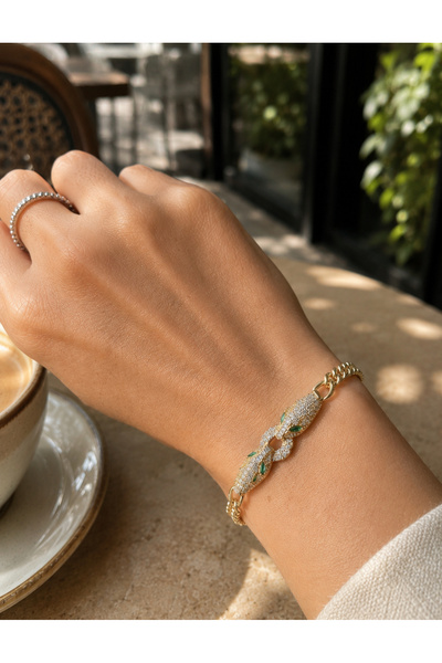 IM ATELIER Gold Zirkon Taşlı Çift Leopar Figürlü Zincir Çelik Bileklik – Ayar...