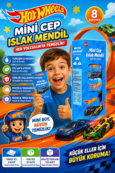 HOT WHEELS Mini Cep Islak Mendil 8'li Paket – Taşınabilir, Yumuşak Dokulu, Gü...
