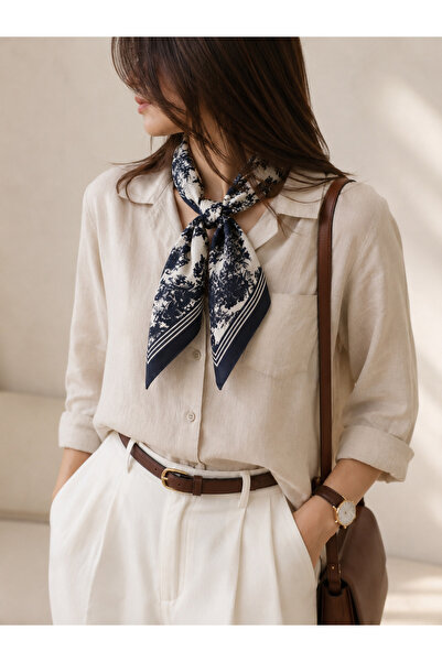 EveryScarf Noir Jardin Lacivert Doğa Desenli Saten Fular 70x70 cm