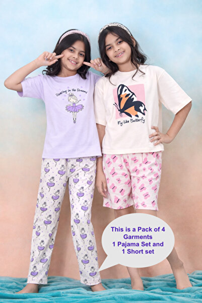 Artemea By Styli Pack of 2 - Girls Graphic Print Pyjama and Shorts Set