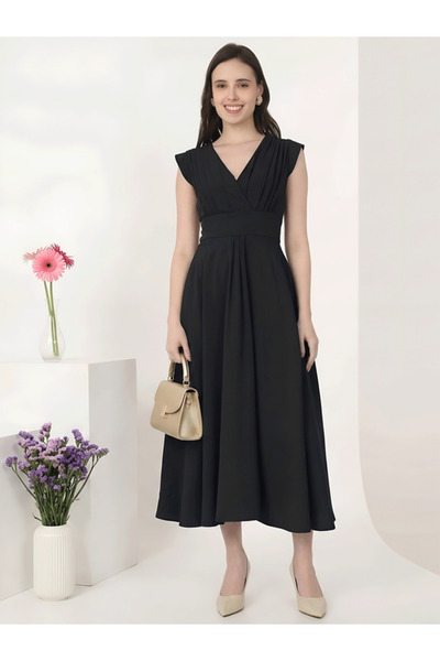 Mish By Styli Black Cap Sleeves Rushed Fit And Flare Midi Dress