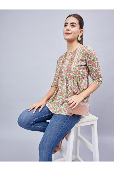 WineRed By Styli Women Green Floral Printed Top