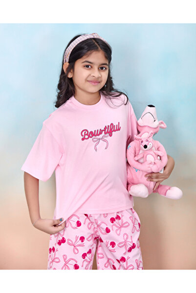 Artemea By Styli Girls Pink Cotton Bow Print T-Shirt and Pyjama Set